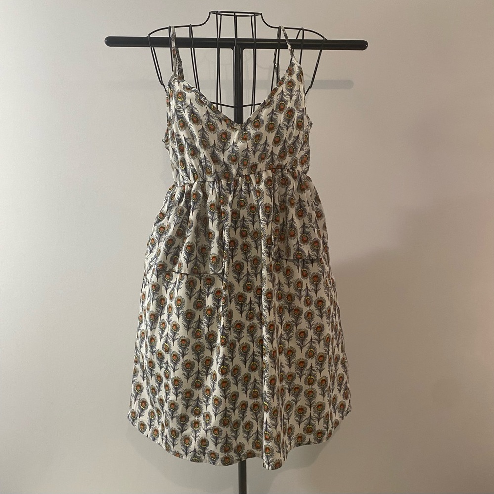 Oat +Fawn Peacock Feather Spaghetti Strap Empire Waist Dress Size S